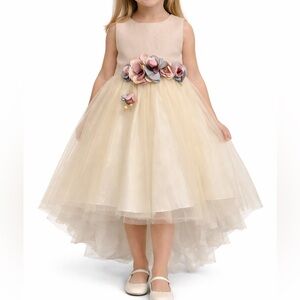 Girls Floral Belt Tulle Party Dress in Cream and Blush